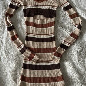 Princess Polly Brown, Cream & Rust Striped V‑Neck Ribbed Sweater